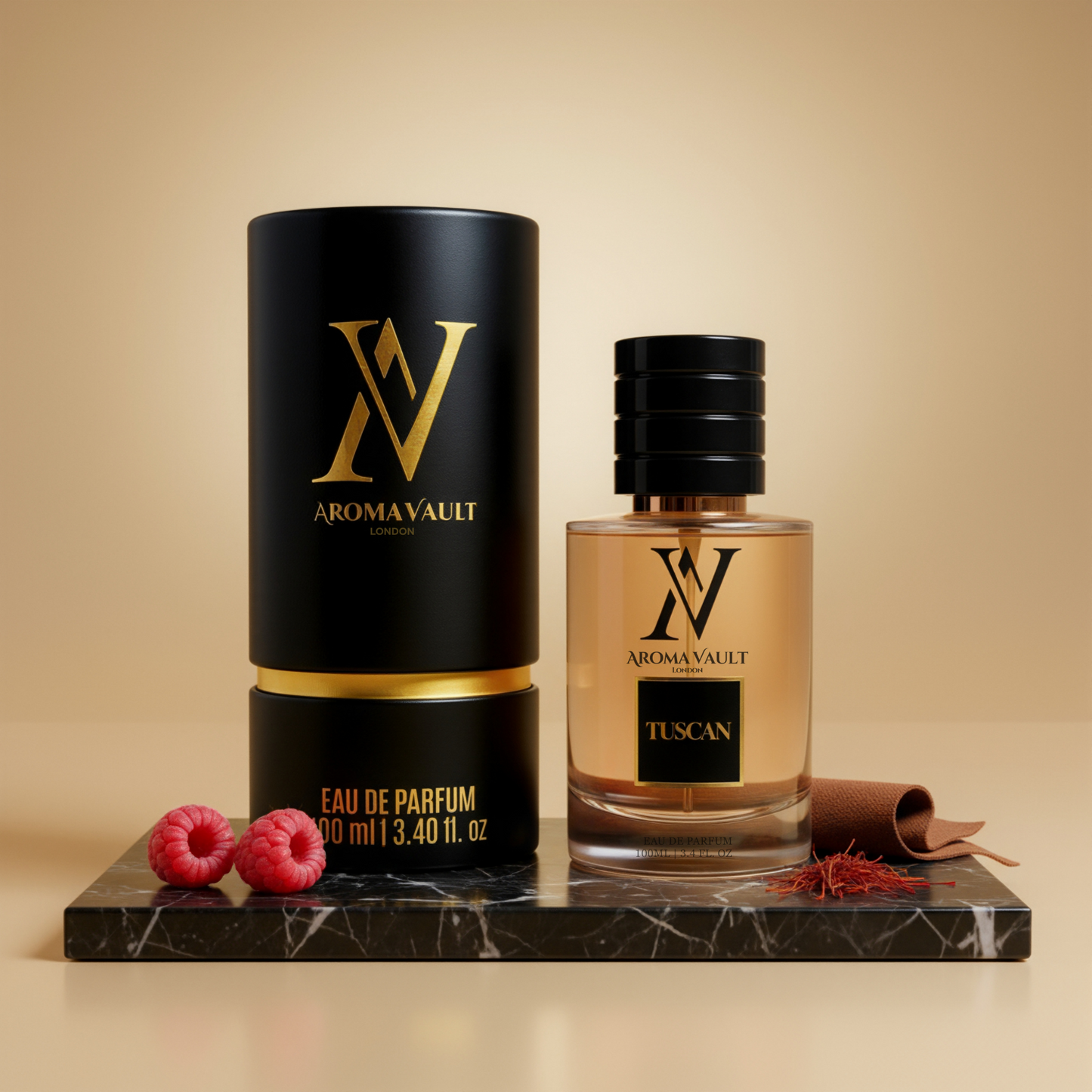 Aroma Vault Tuscan Eau de Parfum bottle and packaging on a marble slab with raspberries and cinnamon.
