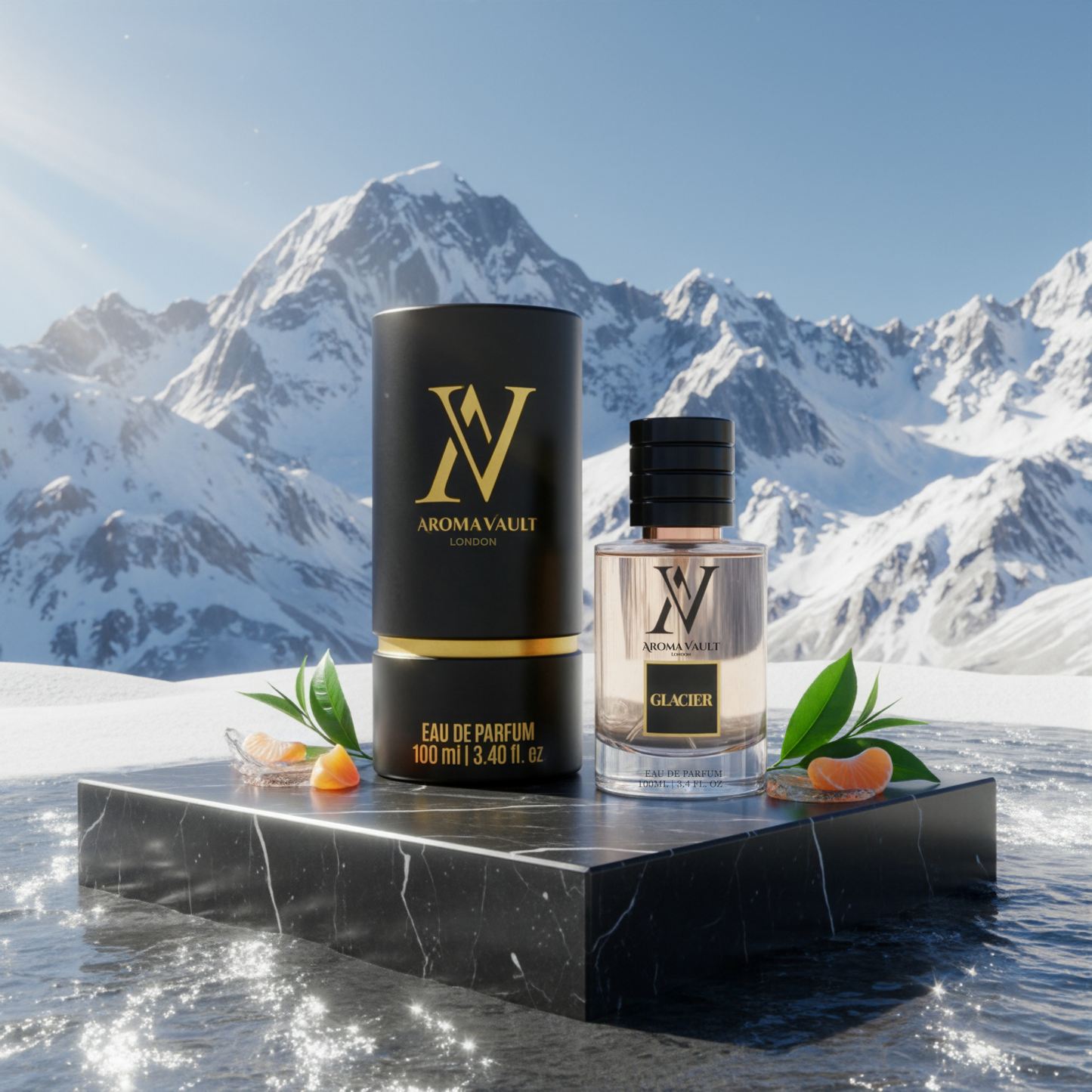 AromaValuet perfume bottles on a platform with snowy mountains in the background