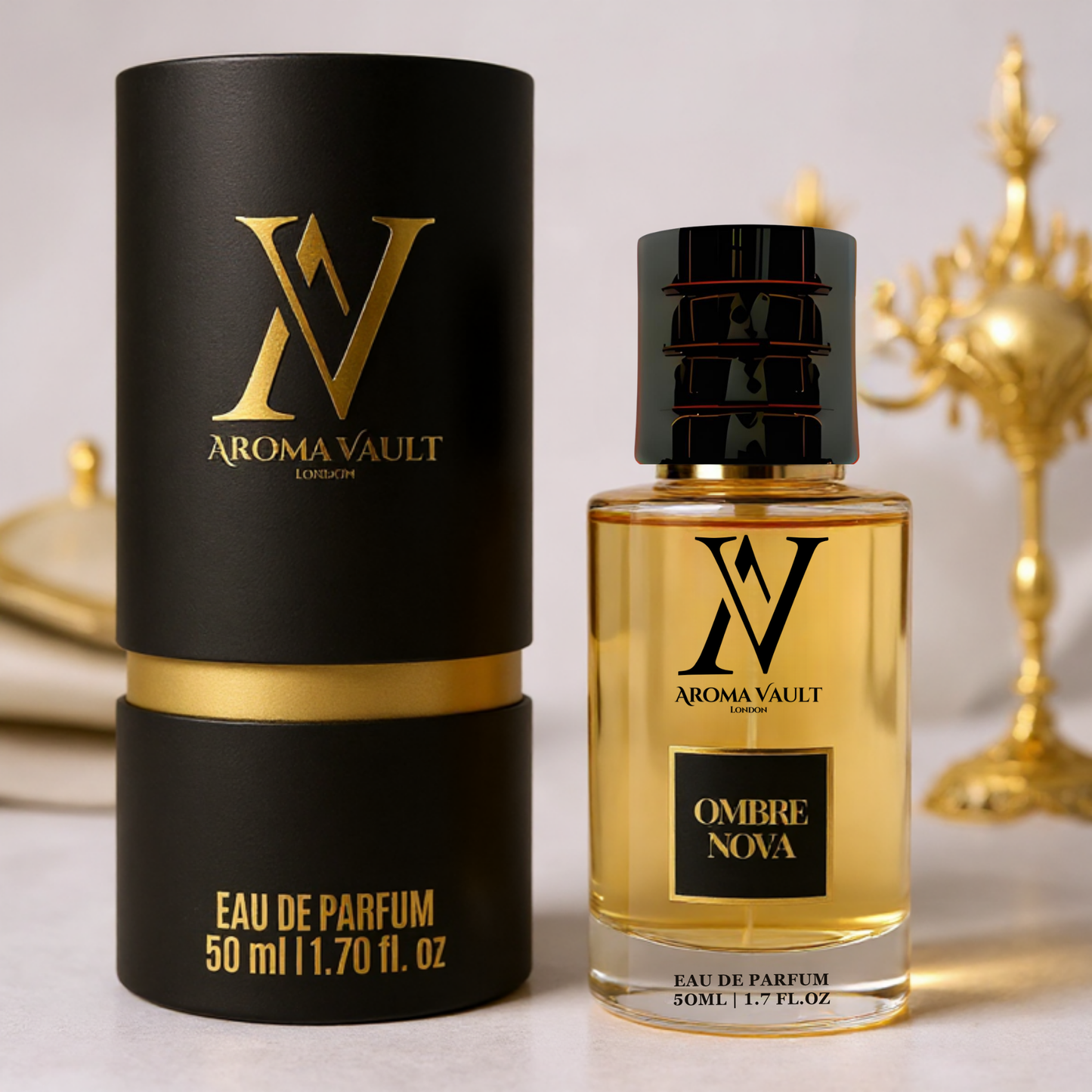 Aroma Vault Ombre Nova Eau de Parfum bottle and packaging on a light background innspired by ombre nomade LV Louis Vitton
