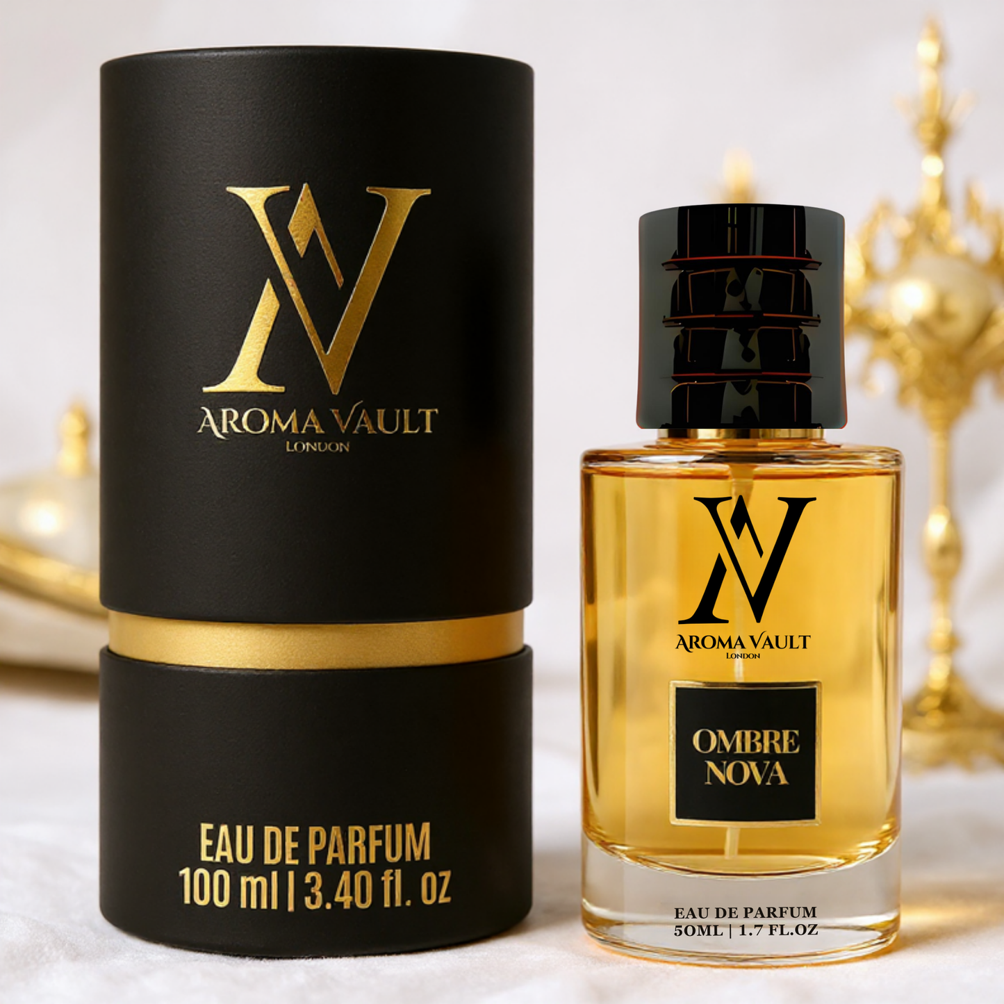 Aroma Vault Ombre Nova Eau de Parfum bottle and packaging on a light background innspired by ombre nomade LV Louis Vitton