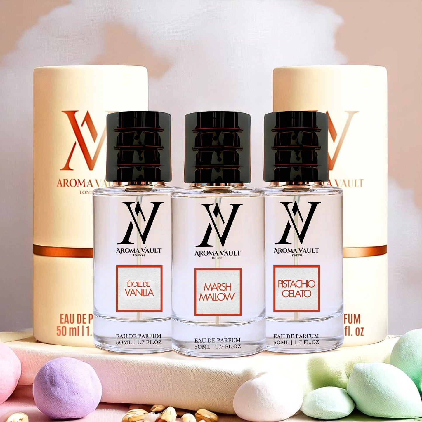 Indulge in a Trendy trio of fragrances inspired by Marshmallow, Pistachio Gelato, and Etoile De Vanilla