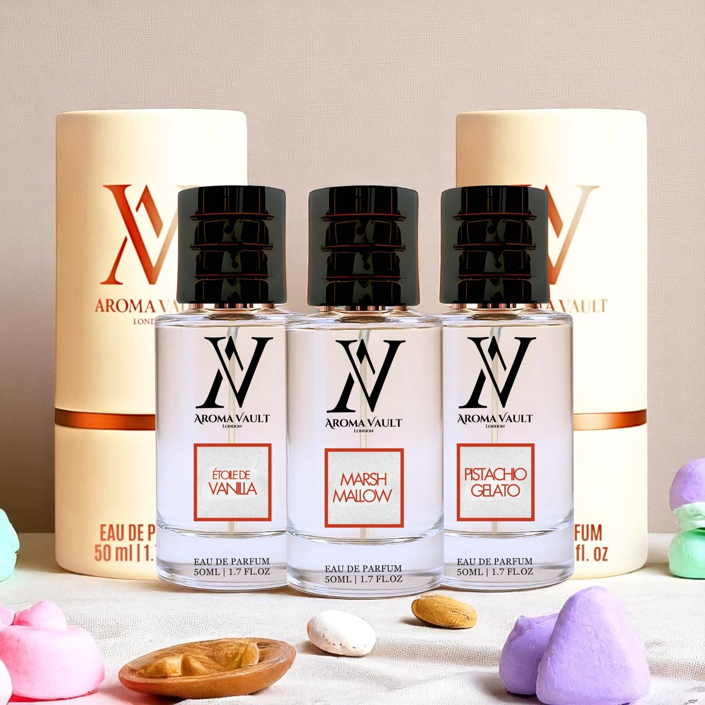 Indulge in a Trendy trio of fragrances inspired by Marshmallow, Pistachio Gelato, and Etoile De Vanilla
