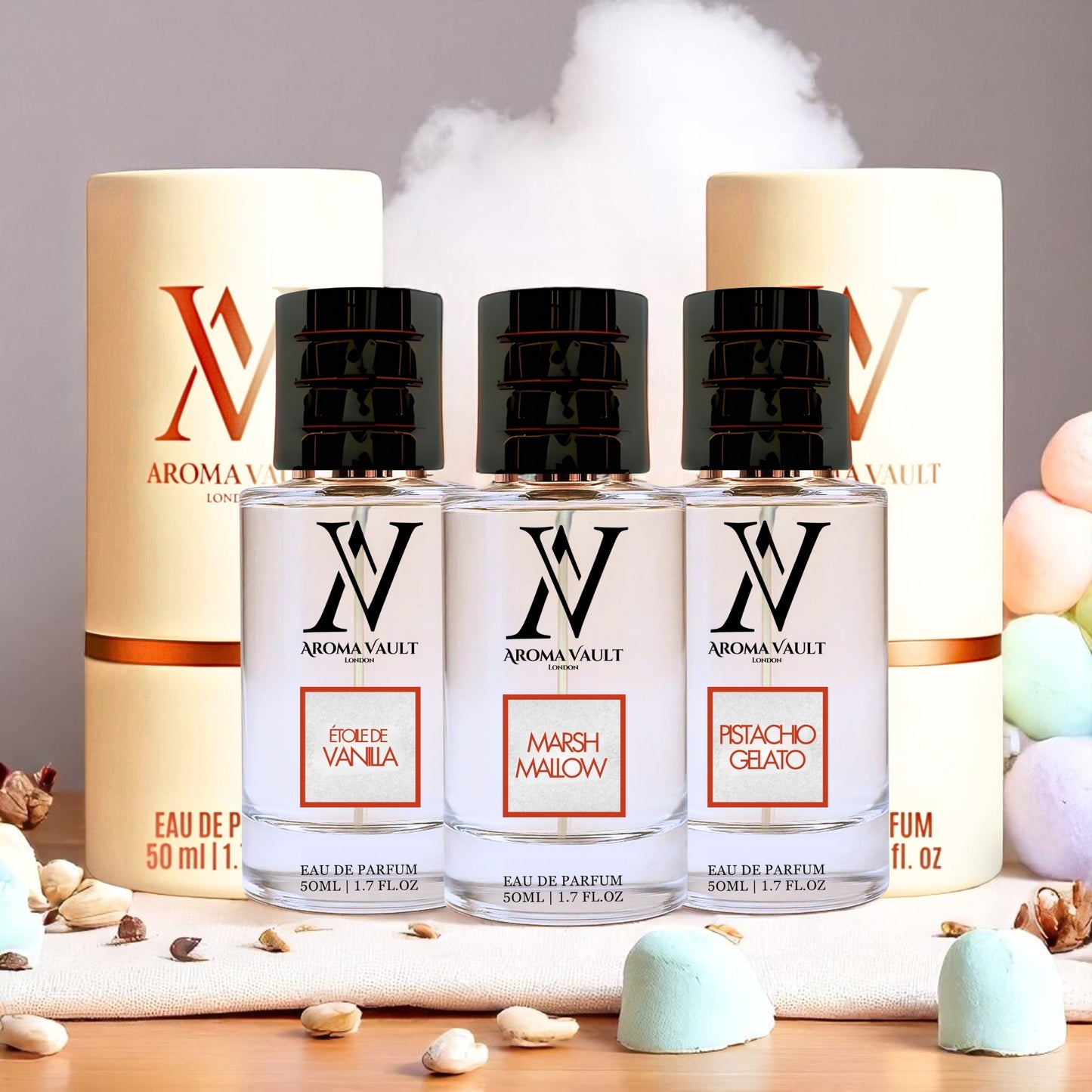 Indulge in a Trendy trio of fragrances inspired by Marshmallow, Pistachio Gelato, and Etoile De Vanilla