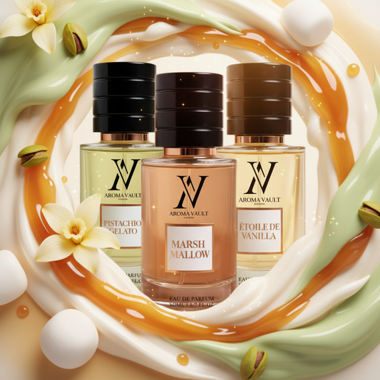 Indulge in a Trendy trio of fragrances inspired by Marshmallow, Pistachio Gelato, and Etoile De Vanilla