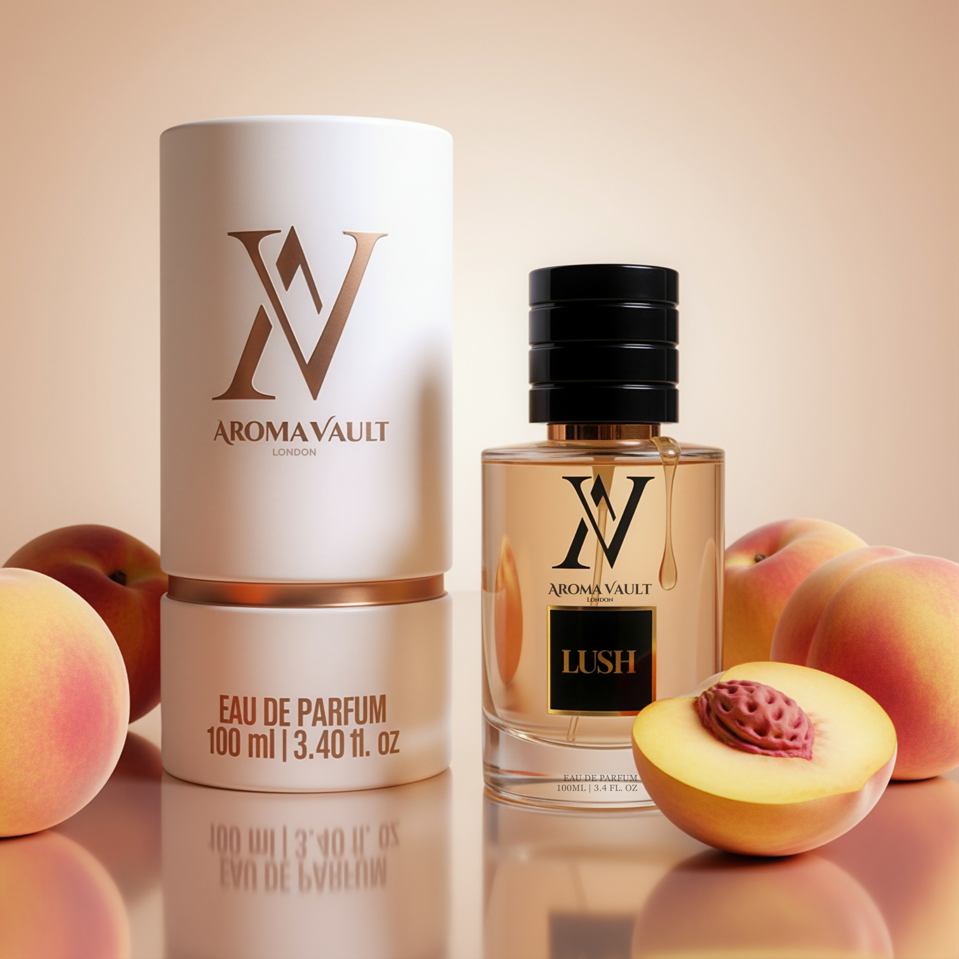 Aroma Vault Lush perfume bottle with packaging and peaches on a reflective surface