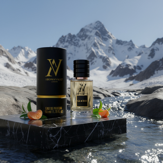 Two perfume bottles on a stone platform with a mountainous landscape in the background