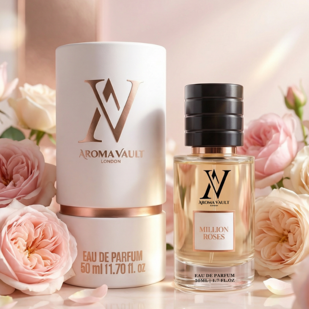 Aroma Vault perfume bottle and packaging with pink roses in the background