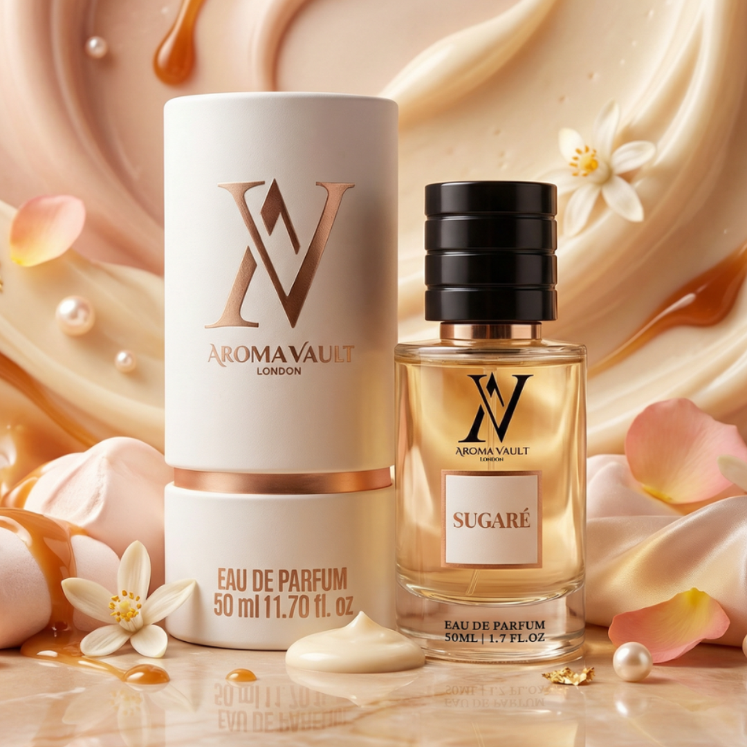 Two Aroma Vault perfume bottles on a decorative background with flowers and gold accents.