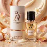 Two Aroma Vault perfume bottles on a decorative background with flowers and gold accents.