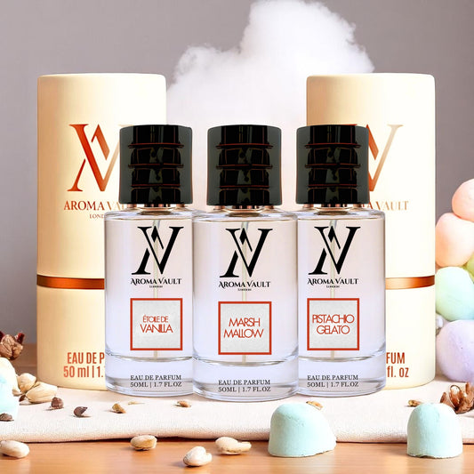 Indulge in a Trendy trio of fragrances inspired by Marshmallow, Pistachio Gelato, and Etoile De Vanilla