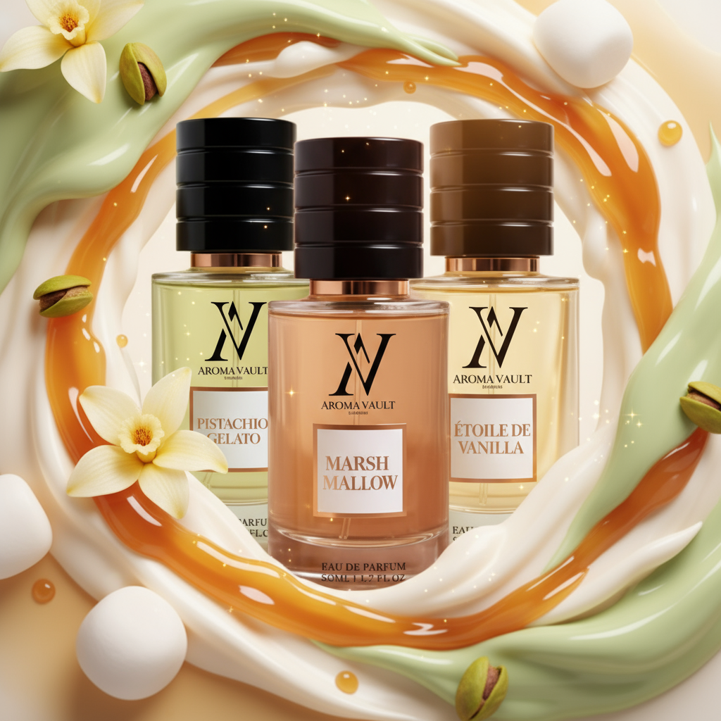 Indulge in a Trendy trio of fragrances inspired by Marshmallow, Pistachio Gelato, and Etoile De Vanilla
